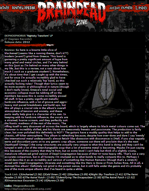 DEPHOSPHORUS "Night Sky Transform" review @ Braindead Zine